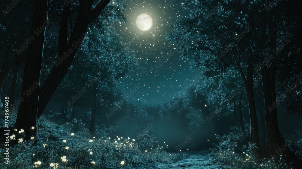 Moonlit Forest Path with Glowing Flowers and Stars Moonlit Forest Path with Glowing Flowers and Stars
