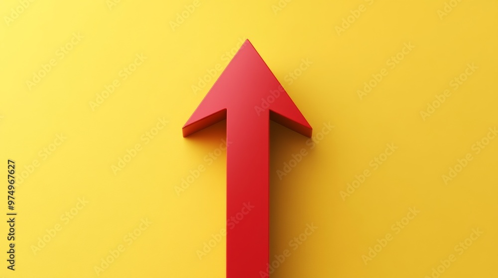 Red arrow pointing upwards on yellow background, direction and progress concept Red arrow pointing upwards on yellow background, direction and progress concept