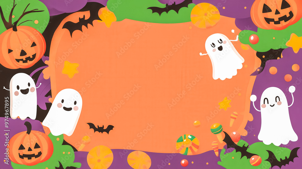 Cute Halloween-themed frame with smiling ghosts, pumpkins, bats, and candy on an orange and purple background. Cute Halloween-themed frame with smiling ghosts, pumpkins, bats, and candy on an orange and purple background.
