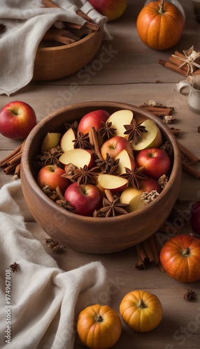 A wooden bowl filled with apples, star anise, cinnamon sticks, and surrounded by mini pumpkins on a rustic wooden table.

 photo