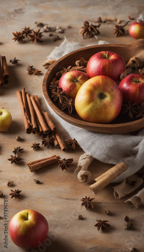 A wooden bowl filled with ripe apples surrounded by cinnamon sticks and star anise on a rustic table.

 photo