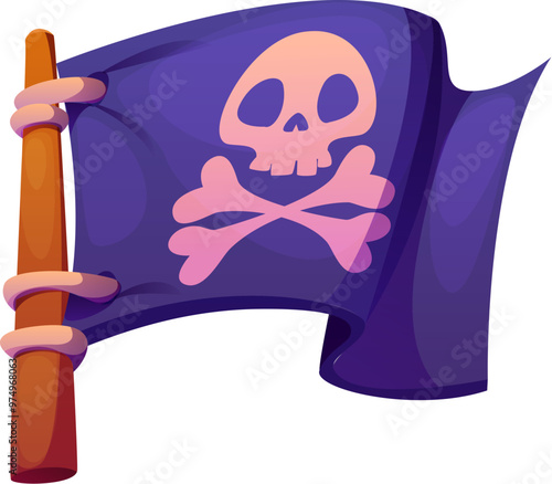 Cartoon pirate corsair flag with Jolly Roger. Vector dark purple banner with skull and crossbones fluttering in the wind. Pennant with sinister cranium, symbol of high seas adventure, danger or piracy