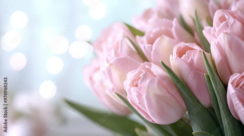 A bouquet of pink tulips against a light blue backdrop and a soft bokeh of lights behind A bouquet of pink tulips against a light blue backdrop and a soft bokeh of lights behind