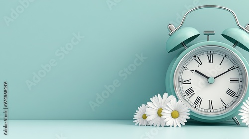 A vintage alarm clock sits gracefully next to a cluster of daisies, evoking feelings of spring and renewal against a soft, pastel background. Time signifies new beginnings. photo