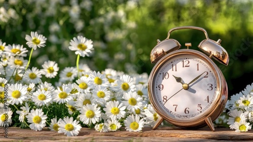 A vintage alarm clock sits gracefully next to a cluster of daisies, evoking feelings of spring and renewal against a soft, pastel background. Time signifies new beginnings photo