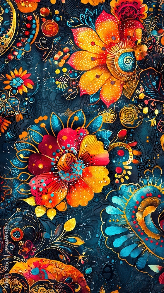A zoomed-in view of a floral painting against a dark canvas, featuring vibrant hues of orange, blue, yellow, and red A zoomed-in view of a floral painting against a dark canvas, featuring vibrant hues of orange, blue, yellow, and red