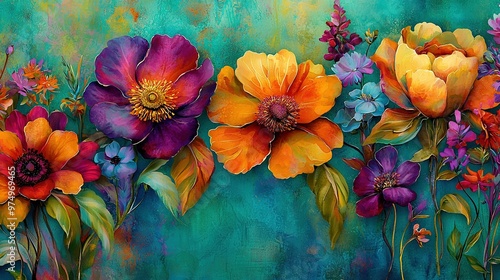 Wallpaper Mural   Orange and purple flowers on a green background with leaves at the base Torontodigital.ca