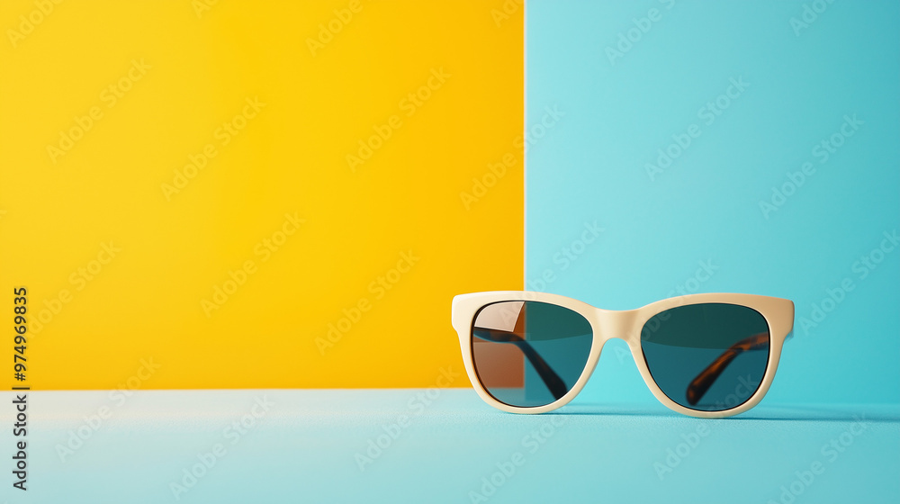 Stylish white sunglasses on a vibrant yellow and blue split background, reflecting summer fashion trends, outdoor style, and a chic, modern aesthetic for sunny days. Stylish white sunglasses on a vibrant yellow and blue split background, reflecting summer fashion trends, outdoor style, and a chic, modern aesthetic for sunny days.