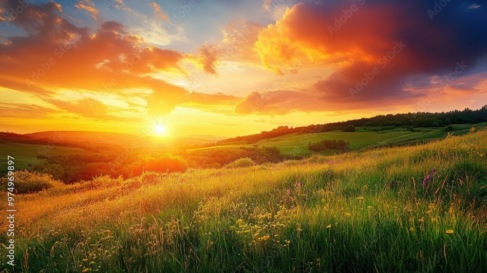 Sunset Over a Green Field with Yellow Clouds and Flowers Sunset Over a Green Field with Yellow Clouds and Flowers