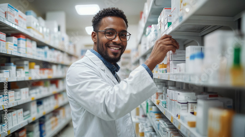 Portrait of a smiling male pharmacist taking a medicine from the shelf, while wearing a lab coat in a modern pharmacy