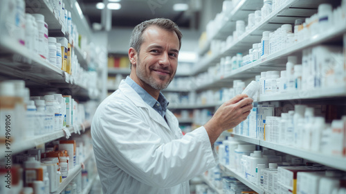 Portrait of a smiling male pharmacist taking a medicine from the shelf, while wearing a lab coat in a modern pharmacy