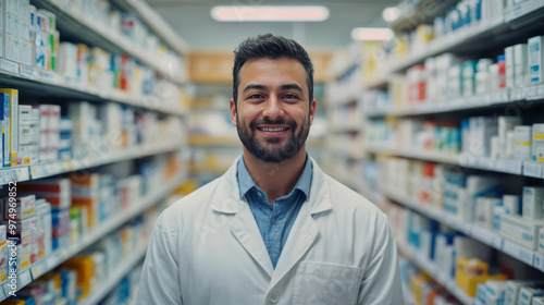 Portrait of a smiling male pharmacist, while wearing a lab coat in a modern pharmacy