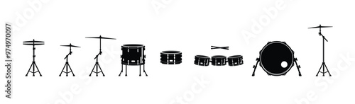 drum musical instrument logo illustration, drum set silhouette from kick to cmybals, suitable for music stores and communities