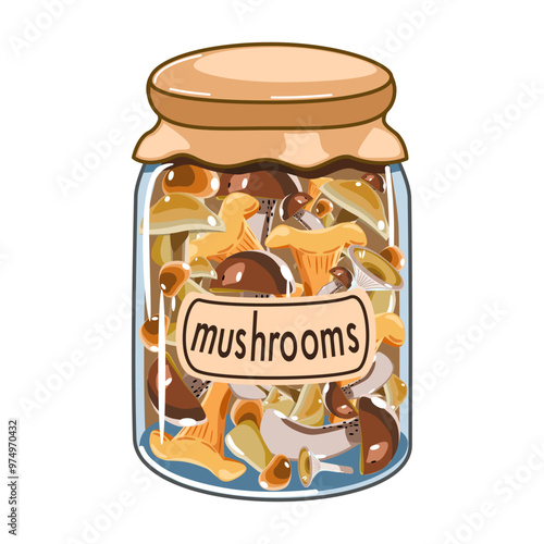 Marinated mushrooms in a glass jar vector illustration