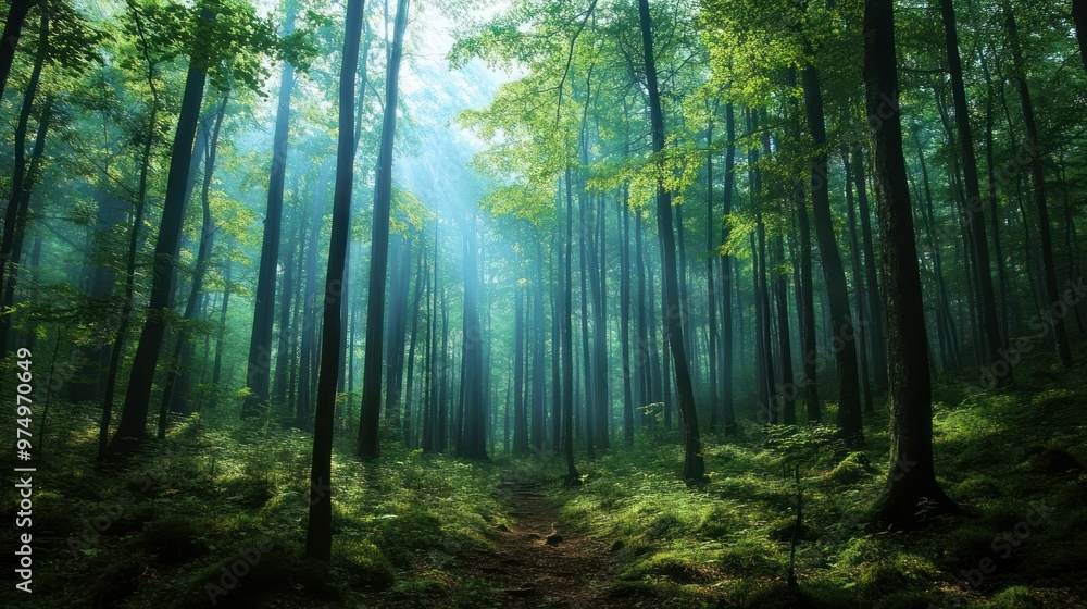 Fototapeta premium Sunbeams Filtering Through a Dense Foggy Forest