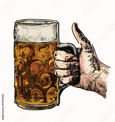 hand holding beer lager october hand deutchland beverage alcohol linear relistic vector illustration person isolated on white background