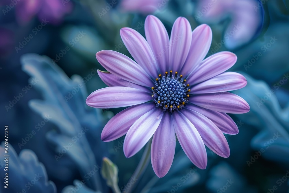 Single purple daisy flower blooming in the garden with a blurred background Single purple daisy flower blooming in the garden with a blurred background
