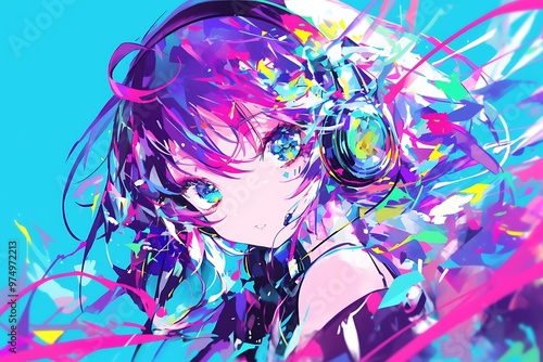 Anime girl with headphones listening to music in vibrant colorful abstract style