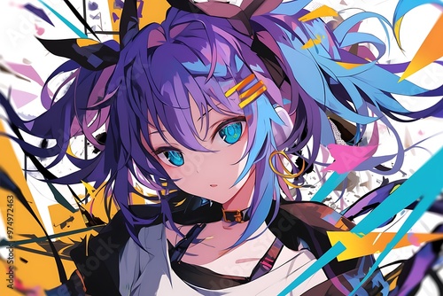 Anime girl with blue eyes and purple hair in a colorful abstract background.