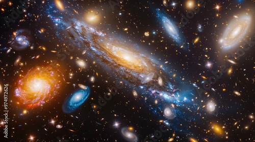 A breathtaking view of the cosmos featuring colorful galaxies, stars, and celestial bodies in deep space. Perfect for science and astronomy enthusiasts. photo