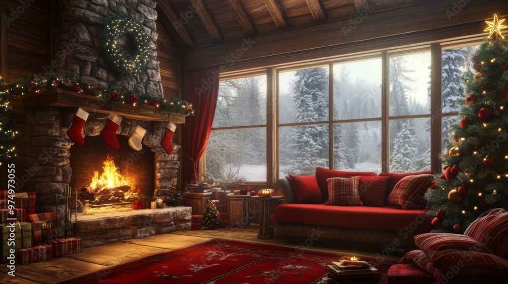 Cozy Christmas Cabin Interior with Fireplace, Decor, and Snowy View Cozy Christmas Cabin Interior with Fireplace, Decor, and Snowy View