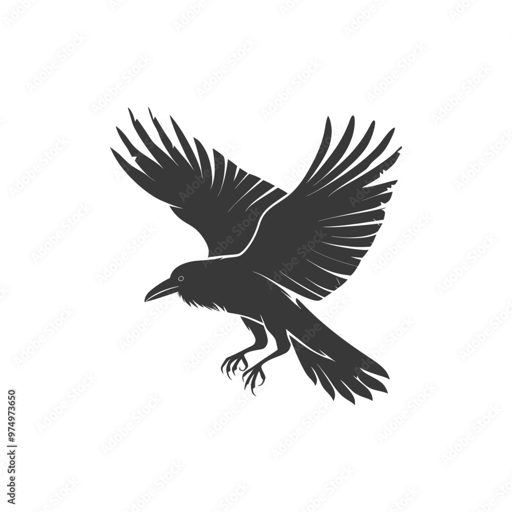 Black and white silhouette of a crow in flight Black and white silhouette of a crow in flight