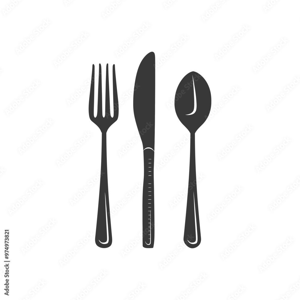 Black and white silhouette of a fork knife and spoon Black and white silhouette of a fork knife and spoon