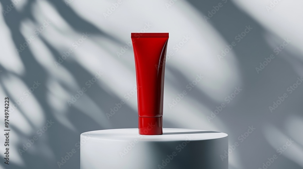 red cosmetic tube on cylindrical pedestal, minimalist composition. beauty and skincare concept red cosmetic tube on cylindrical pedestal, minimalist composition. beauty and skincare concept
