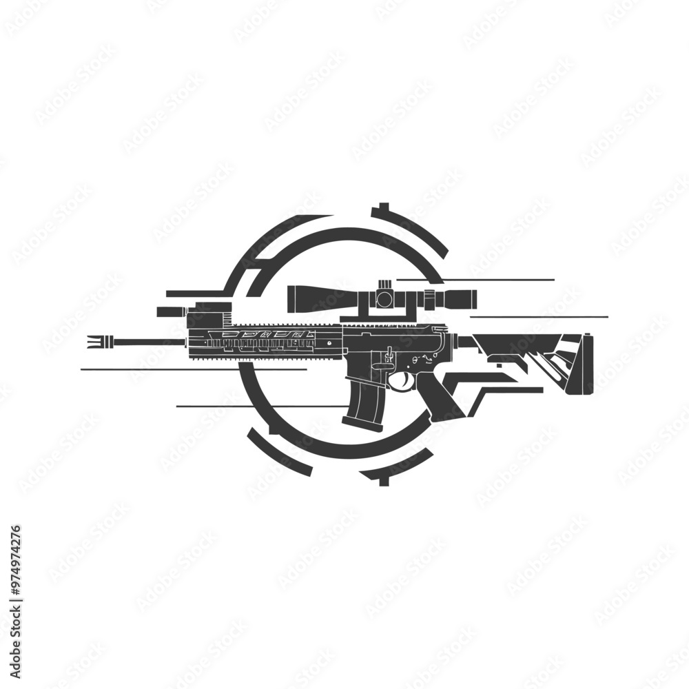 Naklejka premium Black and White Silhouette of a Rifle with Scope in a Circular Target Design