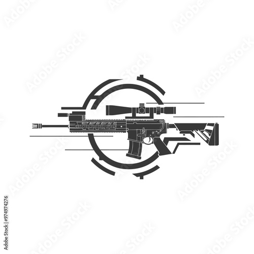 Black and White Silhouette of a Rifle with Scope in a Circular Target Design
