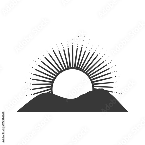 Black and white silhouette of a sun rising over a mountain range