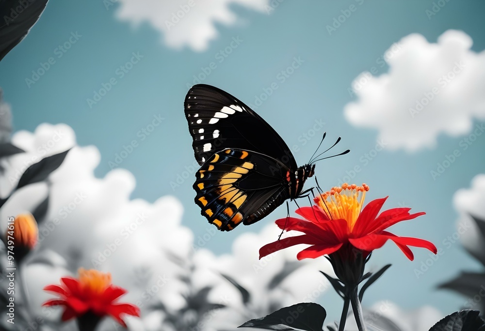 Naklejka premium A black and yellow butterfly perched on a red flower against a clear blue sky