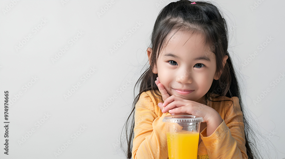 Adorable Asian young girl sitting at a table with a cold drink or fresh juice on a white background copy space Adorable Asian young girl sitting at a table with a cold drink or fresh juice on a white background copy space