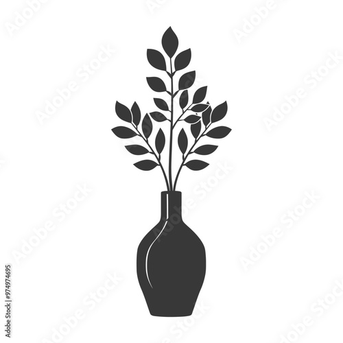 Black and White Silhouette of a Vase with Leafy Stems