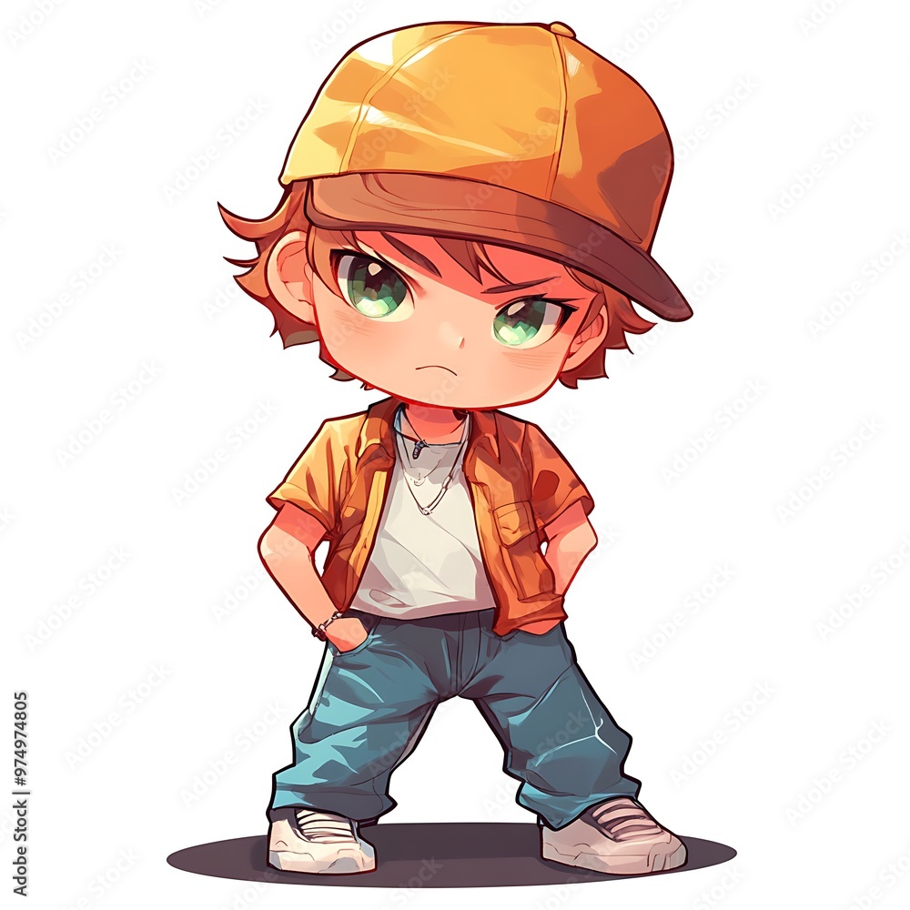Cute cartoon boy character with orange cap and orange jacket posing Cute cartoon boy character with orange cap and orange jacket posing
