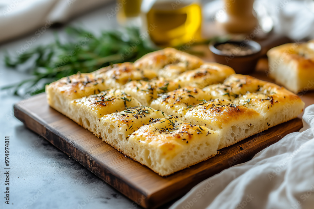 Homemade Focaccia Bread with Olive Oil and Herbs on Wooden Board
Homemade Focaccia Bread with Olive Oil and Herbs on Wooden Board