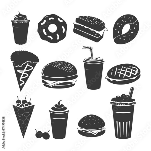 Black and White Silhouettes of Fast Food Items