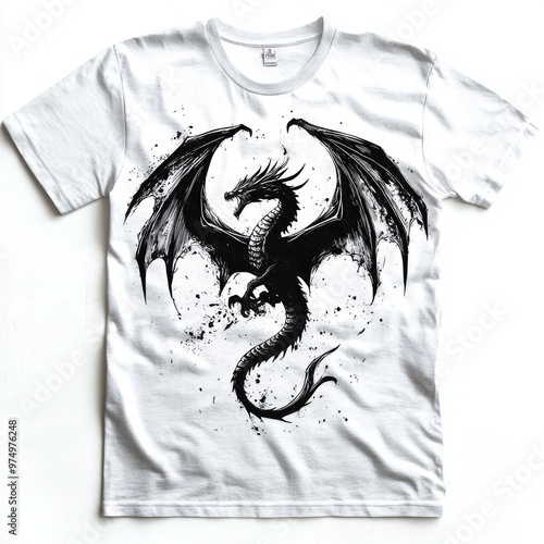 Black dragon graphic on a white t-shirt. photo