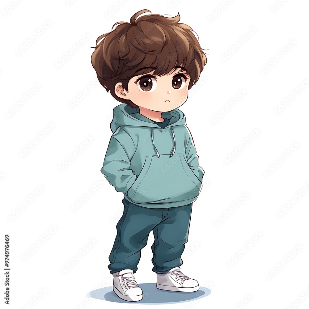 Cute anime boy character with brown hair, blue hoodie, and white shoes. Cute anime boy character with brown hair, blue hoodie, and white shoes.