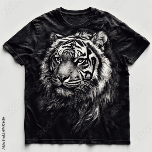 Black t-shirt featuring a detailed tiger illustration. photo