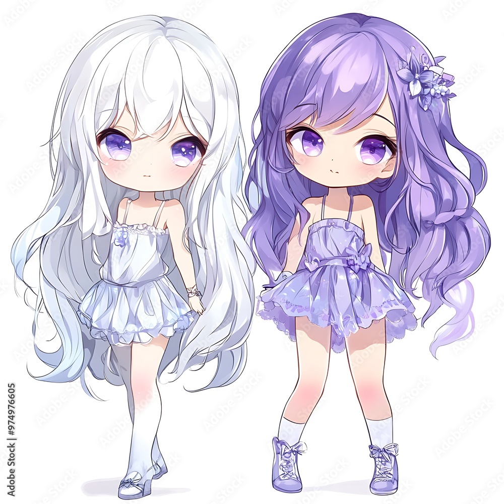 Cute Anime Chibi Girls with White and Purple Hair in Dresses Cute Anime Chibi Girls with White and Purple Hair in Dresses