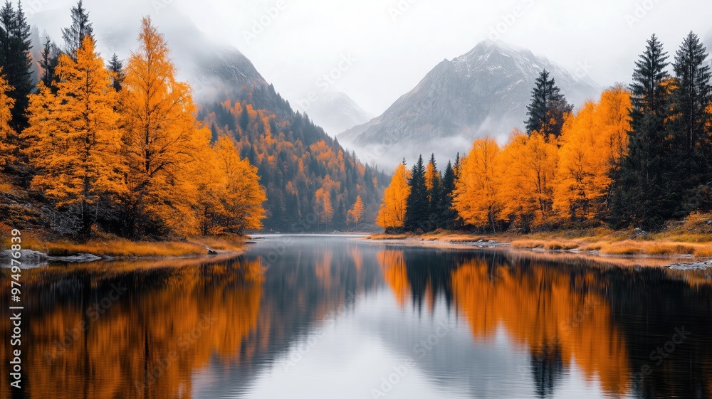 Fototapeta premium Autumn landscape with vibrant orange trees reflecting on a calm lake surrounded by misty mountains in a serene atmosphere showcasing tranquil fall colors suitable for nature-themed designs