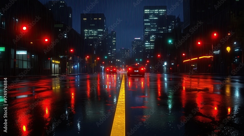 Fototapeta premium Nighttime urban scene featuring illuminated traffic lights, rain-soaked streets, and modern buildings reflecting vibrant colors for mood and atmosphere