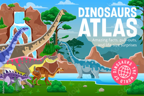 Prehistoric dinosaur encyclopedia book cover with cartoon dino characters, vector background. Kids paleontology book and prehistoric lizards encyclopedia atlas cover with Jurassic era funny dinosaurs photo