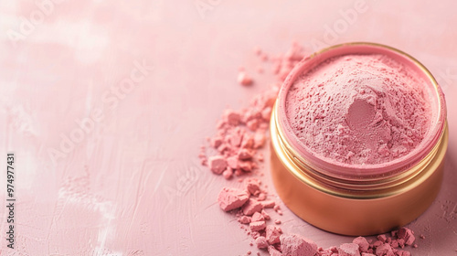 Close-Up of Spilled Pastel Pink Cosmetic Powder in a Gold Jar on Matte Background