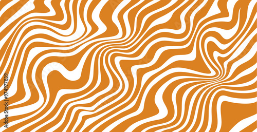 Swirl caramel pattern, seamless wavy peanut background with wavy lines in orange and white. Vector sweet candy abstract psychedelic texture, distorted ornament with flowing peanut butter wave effect