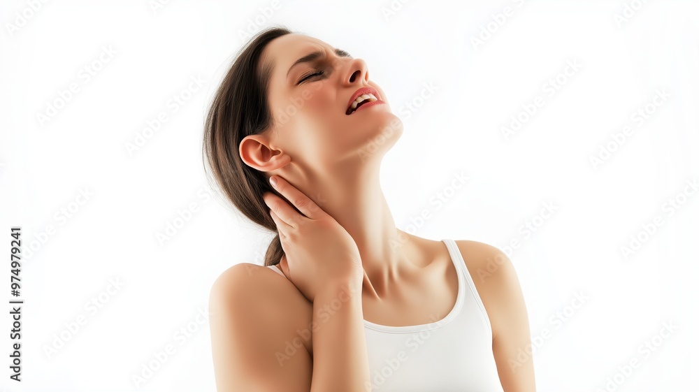 Woman experiencing neck pain, holding her neck in discomfort Woman experiencing neck pain, holding her neck in discomfort
