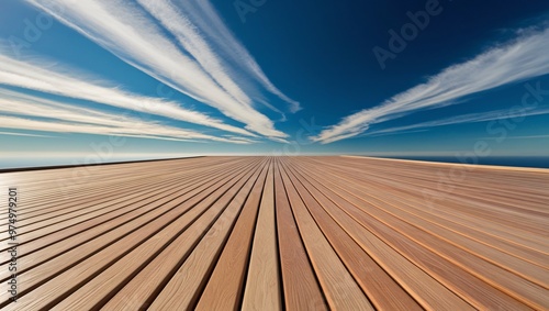 Wide-Angle View of Wooden Deck Leading to Horizon Under Clear Blue Sky with Wispy Clouds, Symmetrical Composition, Generative AI