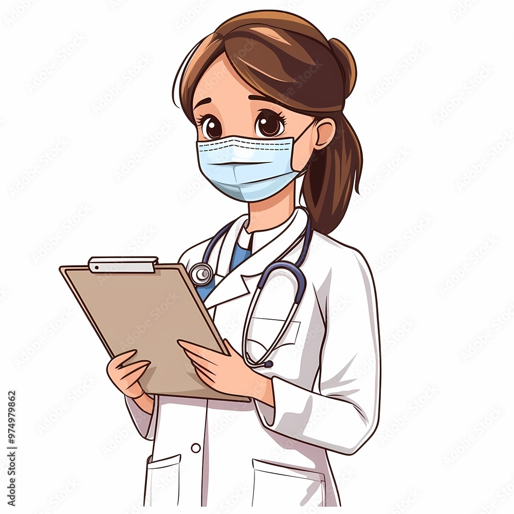 Diligent Doctor Illustration: A cartoon-style female doctor in a white coat and mask diligently reviews patient notes on a clipboard. Diligent Doctor Illustration: A cartoon-style female doctor in a white coat and mask diligently reviews patient notes on a clipboard.