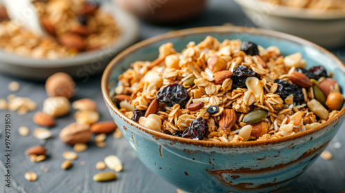 Delicious homemade granola with mixed nuts and dried fruits served in a rustic bowl on a wooden table